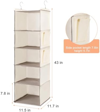 BOOMIBOO Hanging Closet Organize and Shelves,5-Hanging Shelf （Beige） | Dorm Room Essentials, Clothes Organizer with 2 Side Pockets, Hanging Shelves for Closet Storage, Breathable Fabric - Image 3