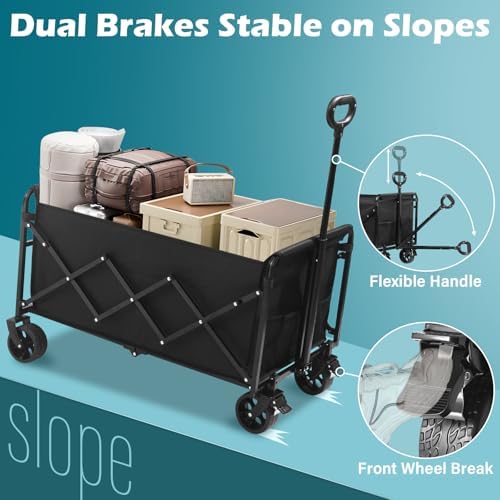 Collapsible Wagon Cart with Wheels Foldable: 500LBS Heavy Duty Folding Utility Wagon - Portable All Terrain Grocery Wagon Cart for Groceries Shopping Outdoor Camping Sports (Black-500Lbs) - Image 4