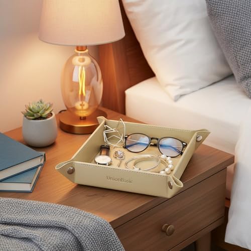 UnionBasic Small Valet Tray, Jewelry Tray for Rings Watches Earrings, Entryway Catchall Caddy for Coins Keys Change, Nightstand Bedside Valet Holder, Trays for Electronic Gadgets, Pale Gold - Image 4