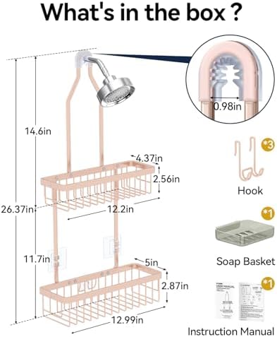 YASONIC Never Rust Shower Caddy Hanging, Aluminum Shower Racks for Inside Shower, 2-Tier Shower Organizer Hanging Over Shower Head with Hooks and Soap Holder, Rose Gold - Image 2