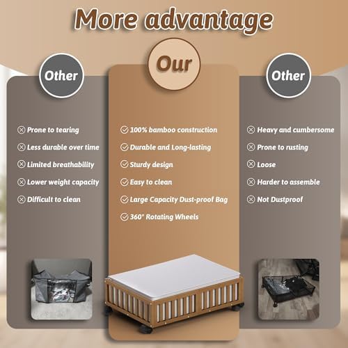 MHXW SXPN 2 Pack Bamboo Under Bed Storage Containers with Wheels, Brown | Underbed Drawer Storage with Bag, Wood Rolling Underbed Organizer for Shoes, Sheets Clothes Blanket Comforter, Under Crib Toy - Image 3