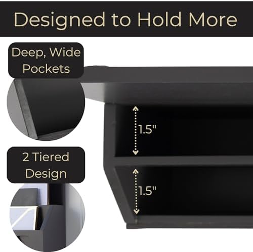 BLU MONACO | Wall-Mounted Mail and Key Holder in Grey Wood | Two-Tier Mail Organizer with Gold Hooks | Entryway Command Center for Home or Office - Image 3