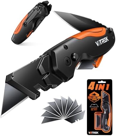 4-in-1 Multitool Folding Utility Knife Box Cutter, Pocket Knives with Belt Clip, Quick-Change Razor Knife with Blade Storage, Navajas para Trabajo,Fathers Day Dad Gifts, Extra 10 SK5 Blades by VOTREKTOOLS