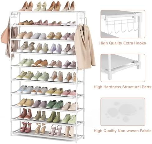 LANTEFUL 10 Tiers Shoe Rack 50 Pairs Large Capacity Tall Shoe Organizer Sturdy Shoe Storage with Two Hooks Space Saving Metal Wide Shoe Rack for Closet, Entryway, Bedroom, White - Image 4