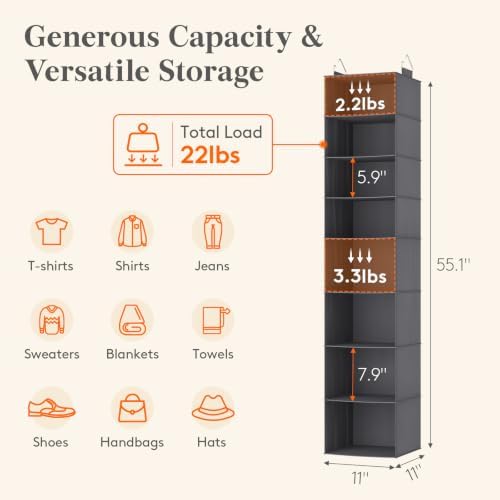Lifewit Hanging Closet Organizer and Storage for Clothes 8 Tier | Portable, Foldable, Fabric, Top of Shelves with 2 Sturdy Hooks, Clothing Organization for Wardrobe, Dorm, Bedroom, Gray - Image 3