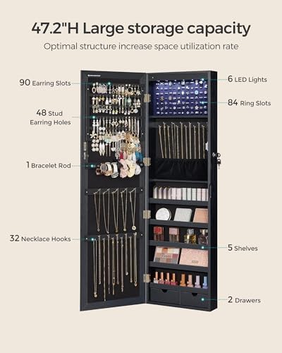 SONGMICS 6 LEDs Mirror Jewelry Cabinet, 47.2-Inch Tall, Lockable - Image 5