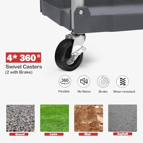 Takywep 3-Tier Foldable Utility Cart, Heavy Duty Collapsible Service Cart with 360° Swivel Wheels, Rolling Storage Trolley for Kitchen Garage Office - Grey - Image 5