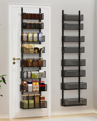 VyGrow Over the Door Organizer, 8-Tier Pantry Organizer with Fully Enclosed Mesh Baskets, Heavy-Duty Metal Hanging Spice Rack for Kitchen Bathroom Laundry Room, 2-in-1 Wall Mount or Door Mount, Black by VyGrow