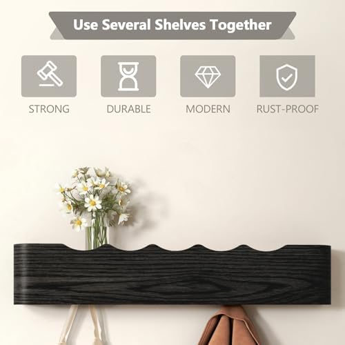 Wall Mounted Coat Rack with Shelf, Wooden Entryway Organizer with Hidden Metal Hooks for Hanging Coats Bags Keys, Modern Floating Shelf for Hallway Bathroom - Image 3