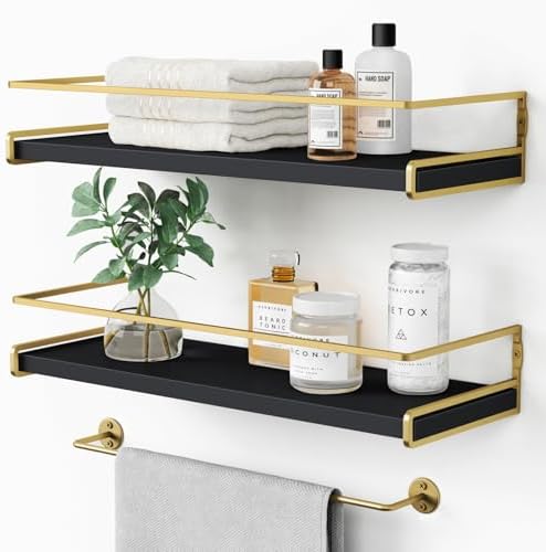 Forbena Black and Gold Bathroom Floating Shelves for Wall, Decorative Wall Mounted Shelves for Kitchen Coffee Bar Station Organizers and Storage, Hanging Shelving Unit for Bedroom Living Room (2-Pack) by Forbena