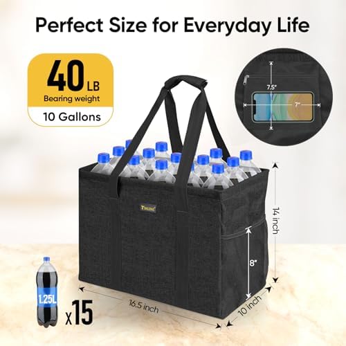 BALEINE Extra Large Utility Tote Bag with Reinforced Wire Frame, Reusable Grocery Bag for Shopping, Picnic (Black, 16.5''x14''x10'') - Image 4