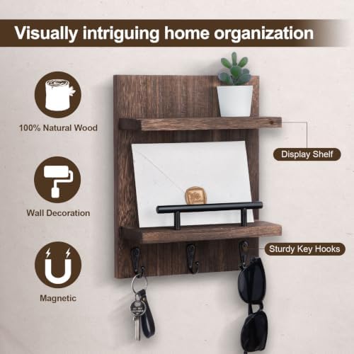Magnetic Key Holder Wall Mount, Mail Shelf Decor with 3 Key Hooks - Image 3