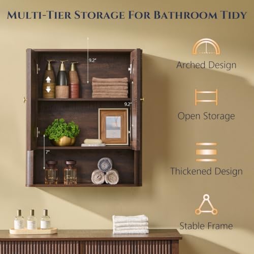 Bathroom Fluted Arched Wall Cabinet, 23.6''W Wood Medicine Cabinet,Brown - Image 3