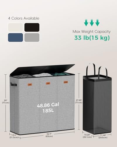 185L Laundry Hamper 3 Section with Lid & Removable Bags - Image 5