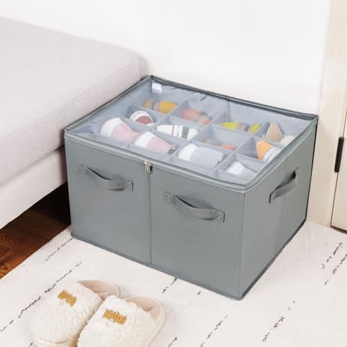 TOPIA HOME Shoe Organizer for Closet 2 Pack, Foldable Shoe Box with Adjustable Dividers and Clear Cover, Space Saving Shoe Storage Organizer Cabinet with Reinforced Handles, Fits 32 Pairs, Gray, TP12G - Image 5