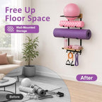 4-in-1 Yoga Mat & Ball Holder Wall Mount Storage, Durable Home Gym Accessories Organizer with Adjustable Solid Pine Floating Shelf & Hooks, 5 Hooks for Hanging Foam Rollers and Resistance Bands - Image 4