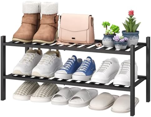 viewcare 2-Tier Black Bamboo Shoe Rack for Entryway, Stackable | Foldable | Natural, Shoe Shelf Storage Organizer for Hallway Closet, Free Standing Shoe Racks for Indoor Outdoor by VIEWCARE