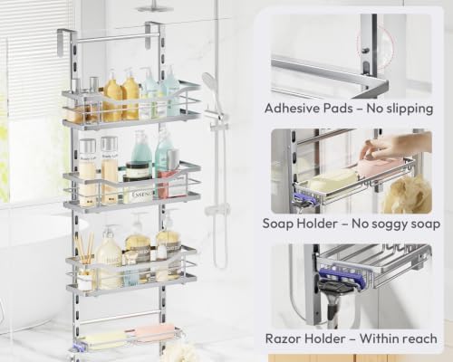 SWTYMIKI Over the Door Shower Caddy - 4 Tier Adjustable Shower Organizer Hanging with Soap Holder, No Drilling Stainless Steel Bathroom Rack Hanging for Body Wash, Shampoo, Soap, Razor, Silver - Image 6