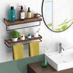 Meangood Floating Shelves Wall Mounted Set of 2, Towel Bar Rustic Wood Wall Storage Shelves for Bedroom,Living Room,Bathroom, Kitchen Rustic Brown - Image 2