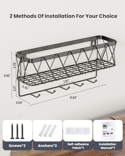 Key Holder Wall Mount Adhesive- Key and Mail Holder for Wall with 5 Hooks, Wall Mounted Mail Organizer and Key Rack, Modern Basket Key Hanger for Entryway, Home, Living Room Wall Decor, Black - Image 3