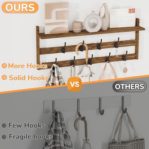 AMBIRD Coat Rack Wall Mount with Shelf, 29" Coat Hooks Wall Mounted with 9 Metal Hooks for Entryway, Bathroom, Bedroom, Living Room, Kitchen, 2 Tier Wall Hooks for Clothes, Hat, Towel, Key, Purse - Image 2