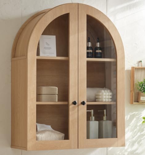 Bathroom Arched Wall Cabinet Over The Toilet Storage Cabinet, 23.5×31.4 Inch bathroom cabinet wall mount with Glass Doors & Adjustable Shelves, Wood Cabinet for Laundry Room, Kitchen,Natural oak by Unknown