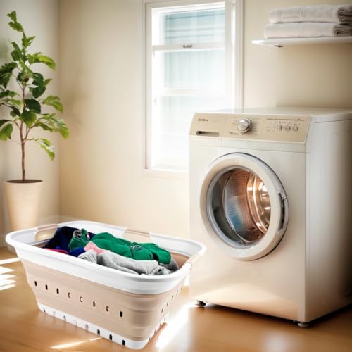 SAMMART 42L (11 gallon) Collapsible Plastic Laundry Basket - Foldable Pop Up Storage Container/Organizer - Space Saving Hamper/Basket (White/Beige) - Image 3