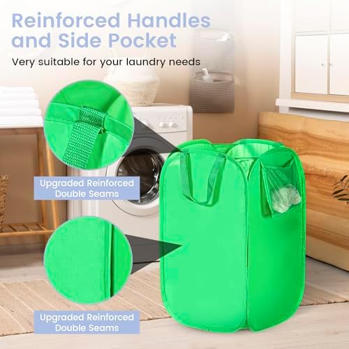 HOUSE AGAIN Upgraded Polyester Pop Up Laundry Hamper, Collapsible Laundry Baskets with Durable Handles Solid Bottom High Steel Frame and Side Pocket, Easy Open & Save space,Perfect for Storage(Green) - Image 3