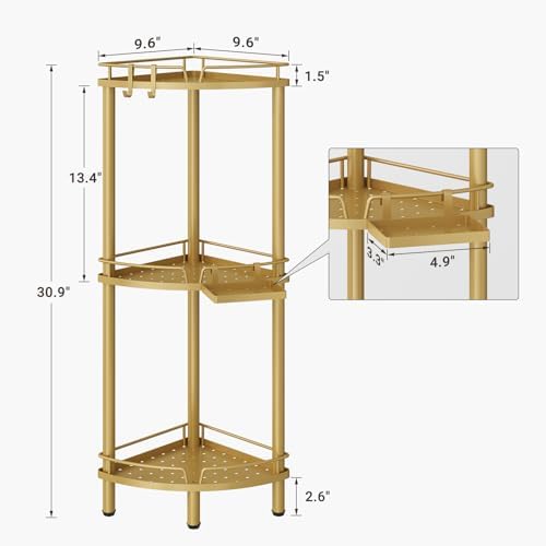 ELYKEN Corner Shower Caddy Standing, 3 Tier Metal Shower Organizer, Gold - Image 2