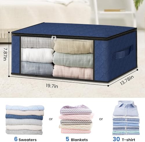 HomeHacks 4-Pack Clothes Organizer Storage Bags, 35L Storage Bins, Blue | Foldable Storage Box Container with Zippers, Clear Window, Reinforced Handles for Closet, Dorm, Pillows, Bedding, Sweater - Image 2