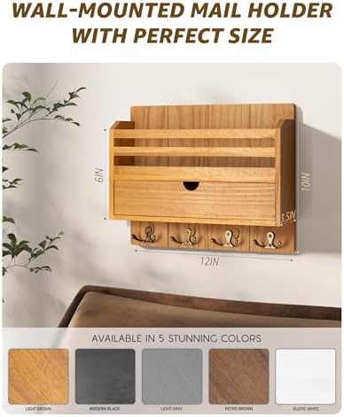 Rebee Vision Mail Organizer Wall Mount with Drawer for Entryway,Light Brown - Image 5