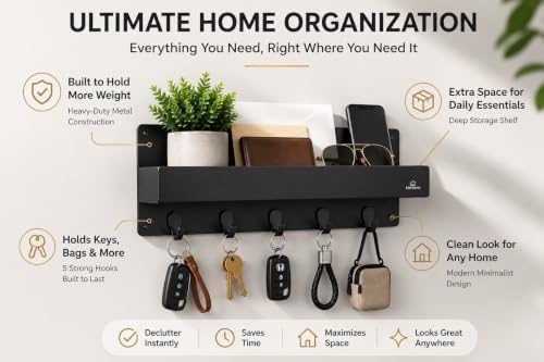 Modern Large Wall Mounted Key Holder with Deep Shelf, Entryway Organizer with 5 Heavy Duty Hooks, Metal Key Rack for Wall, Mail Holder & Dog Leash Hanger, Black - Image 6