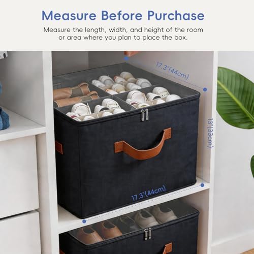 Shoe Organizer Box 2 Pack, Shoe Storage Organizer with Clear Cover, Adjustable Dividers Fits 16-32 Pairs, Fabric Shoe Organizer for Closet, Black - Image 2