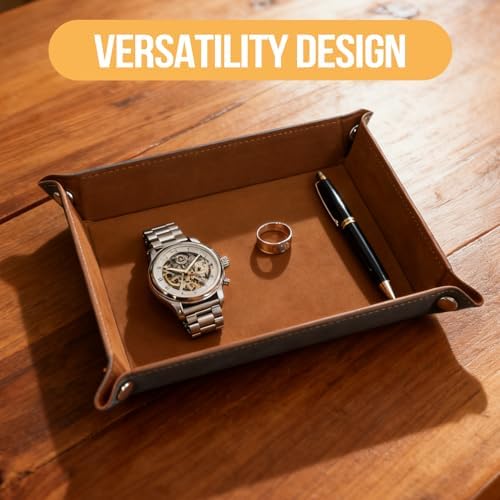 PU Leather Jewelry Valet Tray for Women and Men, Premium Catchall Tray for Keys Wallet Watch Jewelry Glasses and Candy, Large Nightstand or Dresser Organizer 8x6 Inch Brown - Image 2