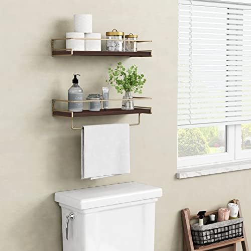 Floating Shelves Bathroom Shelves Over Toilet Set of 2, Bathroom Wall Shelves with Towel Bar, Wall Mounted Vanity Shelf for Bedroom, Kids Room, Kitchen (Brown & Gold) - Image 5
