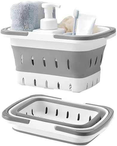 Fammart Portable Shower Caddy Tote – Collapsible Plastic Basket with Handles, Foldable Storage Organizer for Bathroom, Kitchen, College Dorm, Gym, Travel & Camping, Gray by Fammart