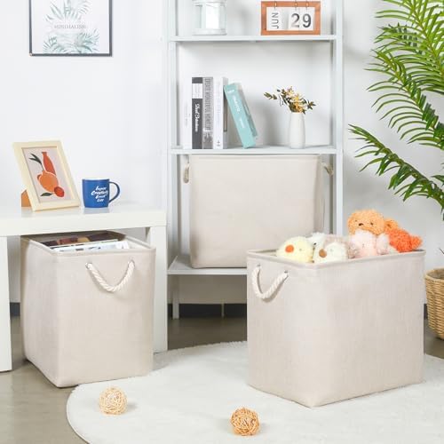 Bidtakay Extra Large Storage Baskets for Organizing Clothes Storage Bins 3 Pack Fabric Storage Bins for Shelves Linen Collapsible Organizer for Closet-Light Biege - Image 2