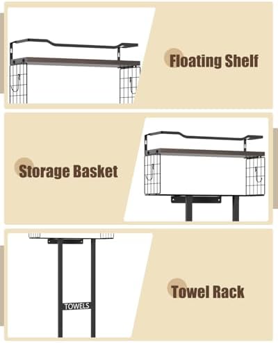 Large Towel Rack & Bathroom Towel Holder - Wall Mounted Metal Rack with Wooden Floating Shelf, Small Bathroom Towel Storage, Easy Holds 6 Large Rolled Towels, Black with Brown Plank - Image 3