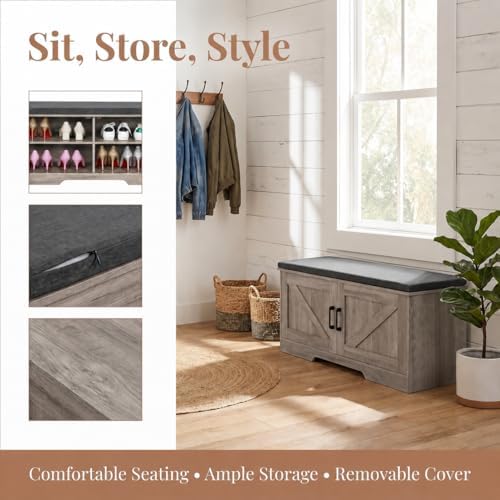 HOMSHO Farmhouse Shoe Storage Bench with 2 Barn Doors & Padded Seat Cushion - Image 4