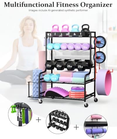 Mythinglogic Home Gym Storage Rack with Wheels for Dumbbells and Yoga Mats - Image 4