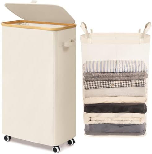 Goodpick 75L Slim Rolling Laundry Basket with Wheels and Lid, Beige by Goodpick