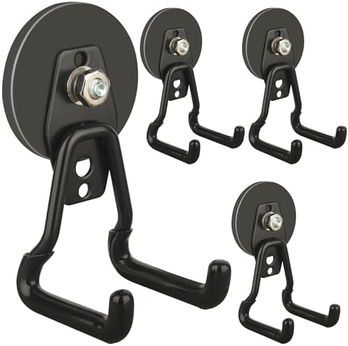 ULIBERMAGNET Upgraded Large Magnetic Hooks,Strong Heavy Duty Magnet Hooks for Power Drill,Broom,Garden Tools,Pegboard,Garage,Workshop,Hardware, 4 Pack Magnet Storage Holder for Hanging(Black) by ULIBERMAGNET