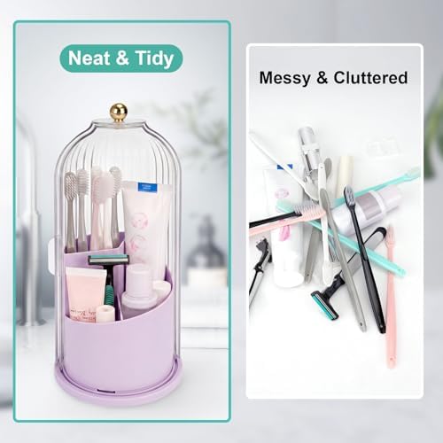 QIYVLOS Toothbrush Holders with Sliding Lid, Rotating 3 Slots Bathroom Organizer Countertop, Tooth Brush Toothpaste Holder Bathroom Counter Stand Sink Organizer for Makeup Brushes Holder (Purple) - Image 4