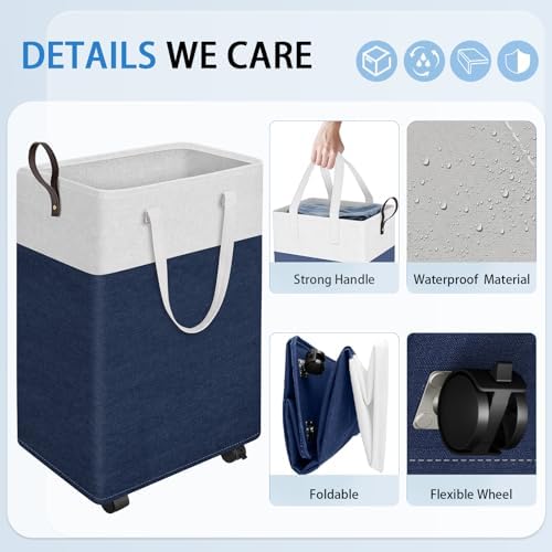 HomeHacks 90L Rolling Laundry Basket with 4 Wheels Collapsible Blue - Image 3