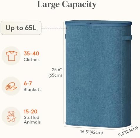 Lifewit Slim Laundry Basket with Lid and Removable Bag, 65L, Dark Blue - Image 3