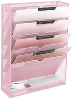 EASEPRES 6 Tier Mesh Hanging Wall File Organizer, Desk Vertical Mail Paper Document Folder Holder Rack with Bottom Tray and Nametag Label for Office Home School, Pink by EASEPRES