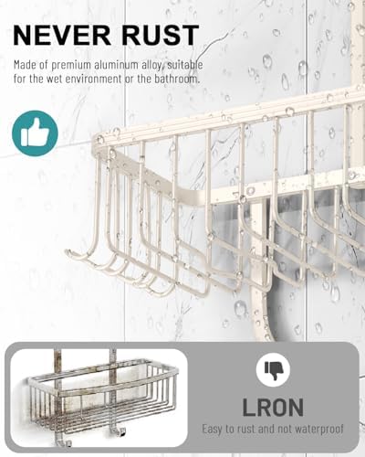 Shower Caddy Hanging - Never Rust Shower Hanging Organizer - Aluminum Over the ShowerHead Caddy with Soap Basket and 6 Hooks for Razor/Sponge (Milky White) - Image 4