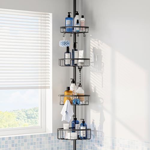 Corner Shower Caddy Tension Pole: Stainless Steel Rustproof 4-Tier Shower Organizer - 47-121 inch Adjustable Bathroom Shelves for Bathtub Shampoo Storage - Tension Rod Floor Standing Bath Rack - Black by ESSEMELLC