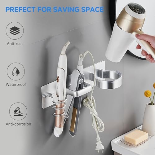 Hair Dryer Holder Wall Mounted,Blow Dryer, Curling Iron, Straightener Holder 3 in 1 Bathroom Metal Hair Tool Organizer Rack-Silver-1 - Image 6