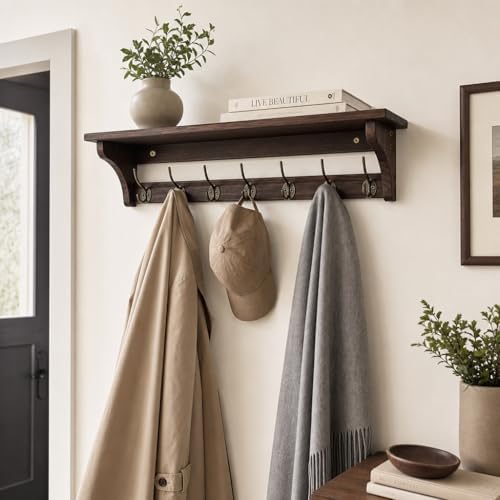Wall Mounted Coat Rack with Shelf, Solid Wood & Bronze Metal Hooks – 31.1 Inch Entryway Organizer with 7 Hooks for Hanging Coats, Hats, Bags, Keys, Rustic Brown for Hallway，Bedroom（31.1 Inch） - Image 6